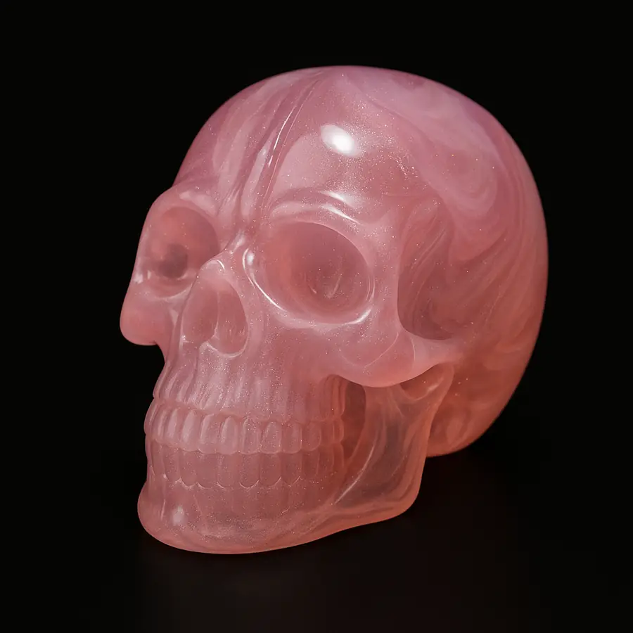 A photograph showcases a translucent pink resin sk